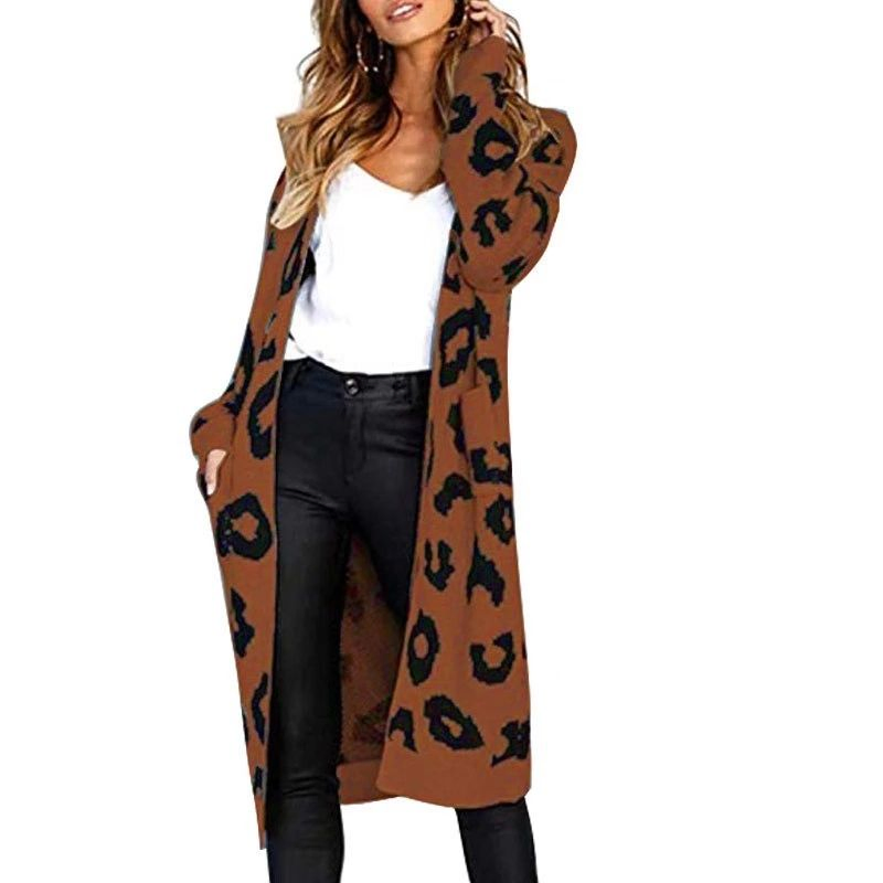 Women&prime;s Leopard Print Long Knitted Sweater Cardigan