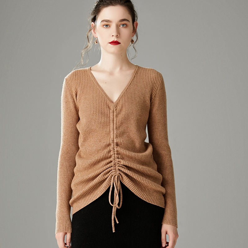 Long Sleeve Knit Top Wool Warm Soft V-Neck Women Sweater