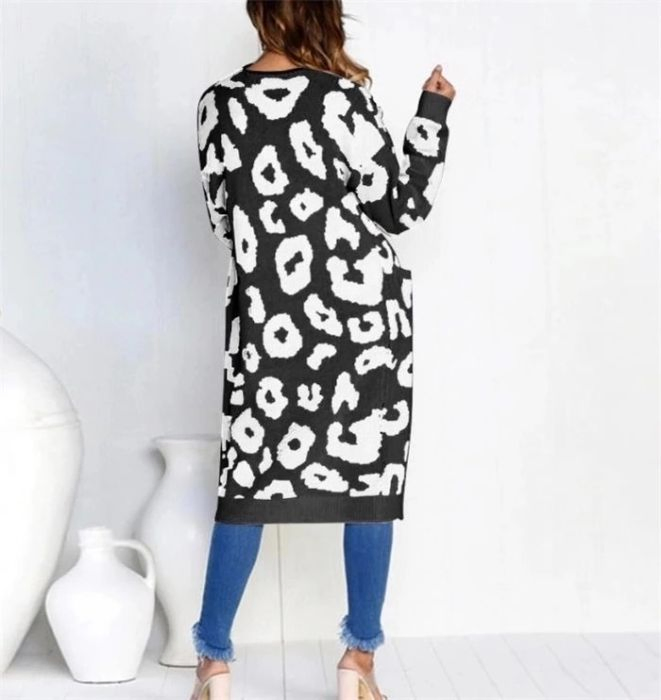 Women&prime;s Leopard Print Long Knitted Sweater Cardigan