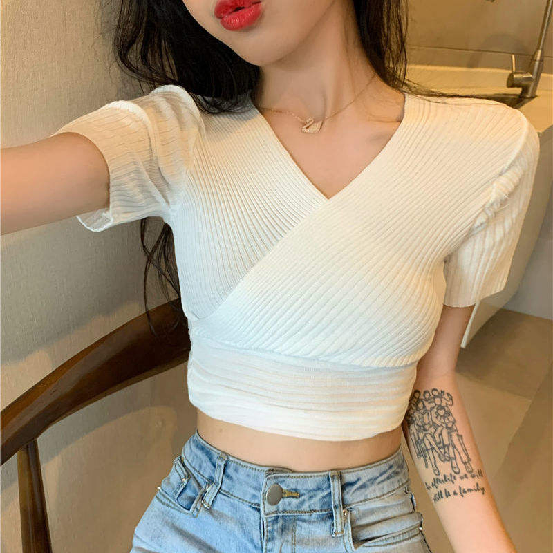 Summer Women Knitted V-Neck Short-Sleeved T-Shirt Crop Top Sweater