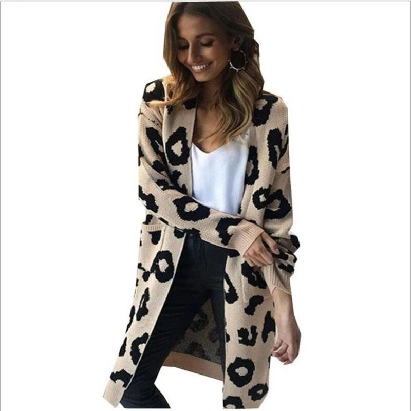 Women&prime;s Leopard Print Long Knitted Sweater Cardigan