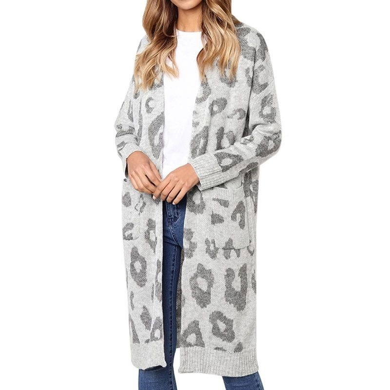 Women′s Leopard Print Long Knitted Sweater Cardigan