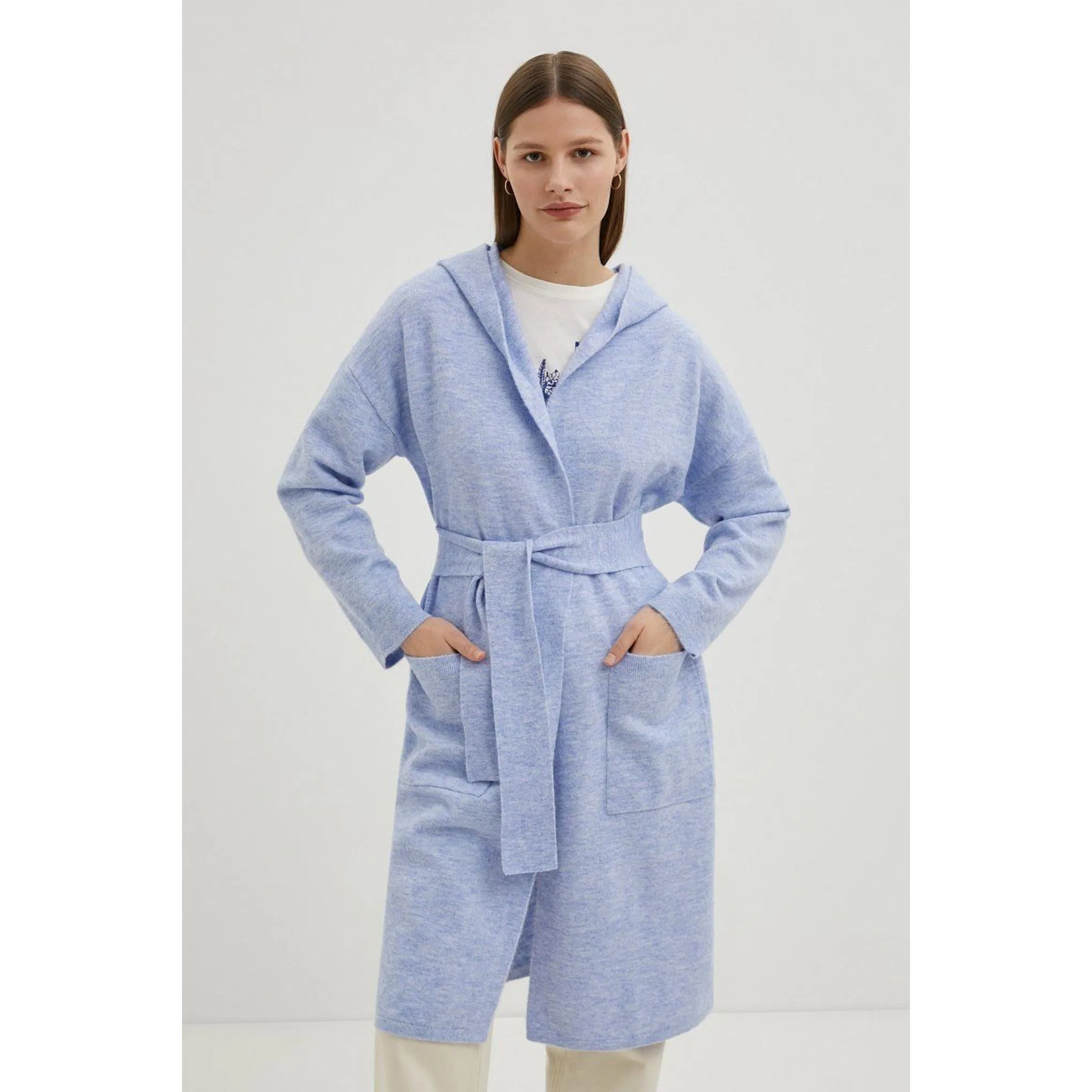 Wholesale Autumn Winter Fashion Women Cardigan Long Fit Sweater Knitted Outwear with Belt and Hood