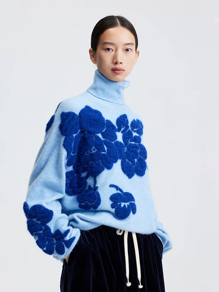 Wholesale Luxury Women Knitwear Pullover Sweater Women Wool Knitted Sweater with Floral Embroidery