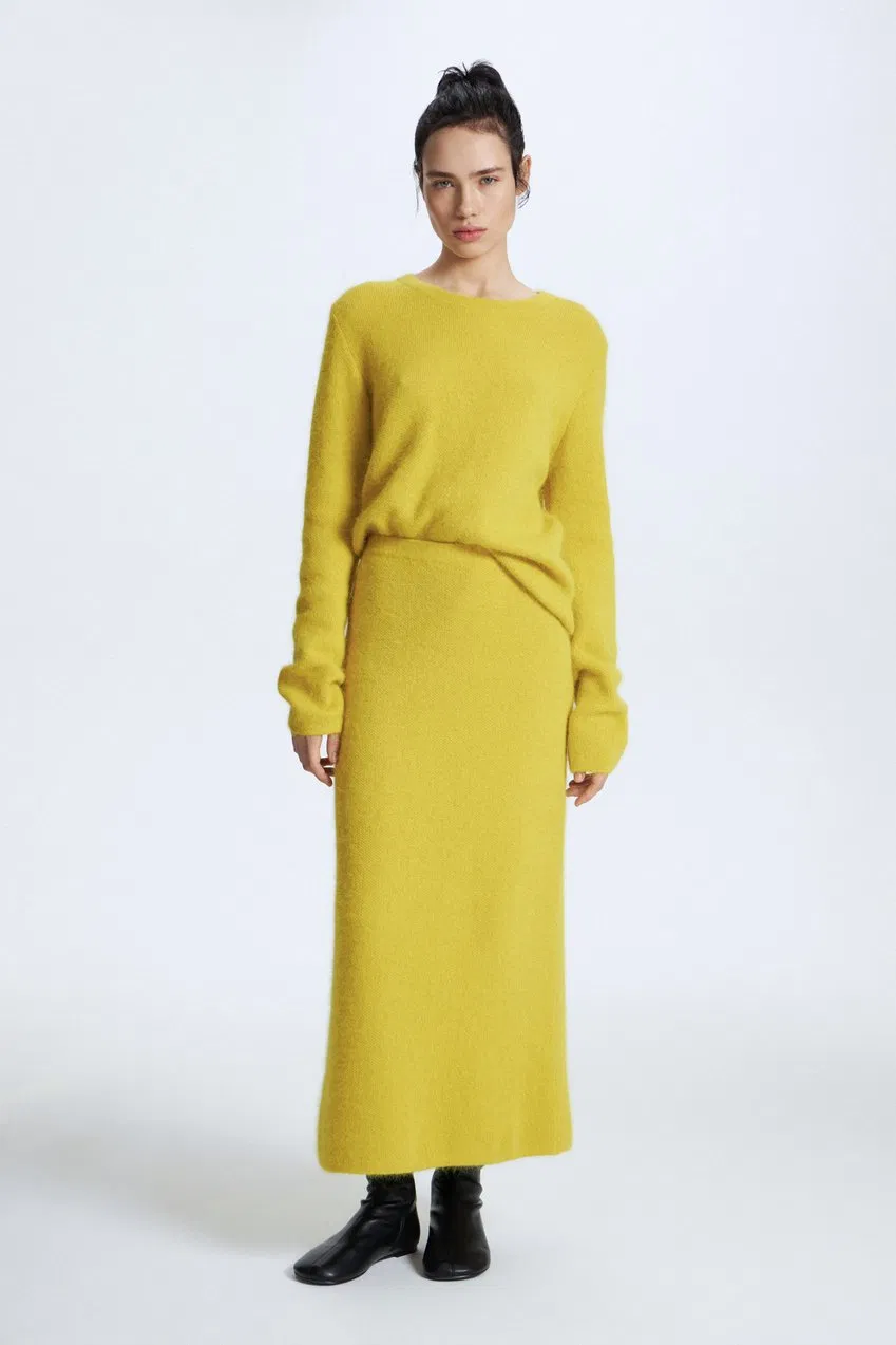 Wholesale High Quality Customized Women Fitted Cardigan Sweater Two Piece Set with Long Skirt Women Angora-Blend Sweater