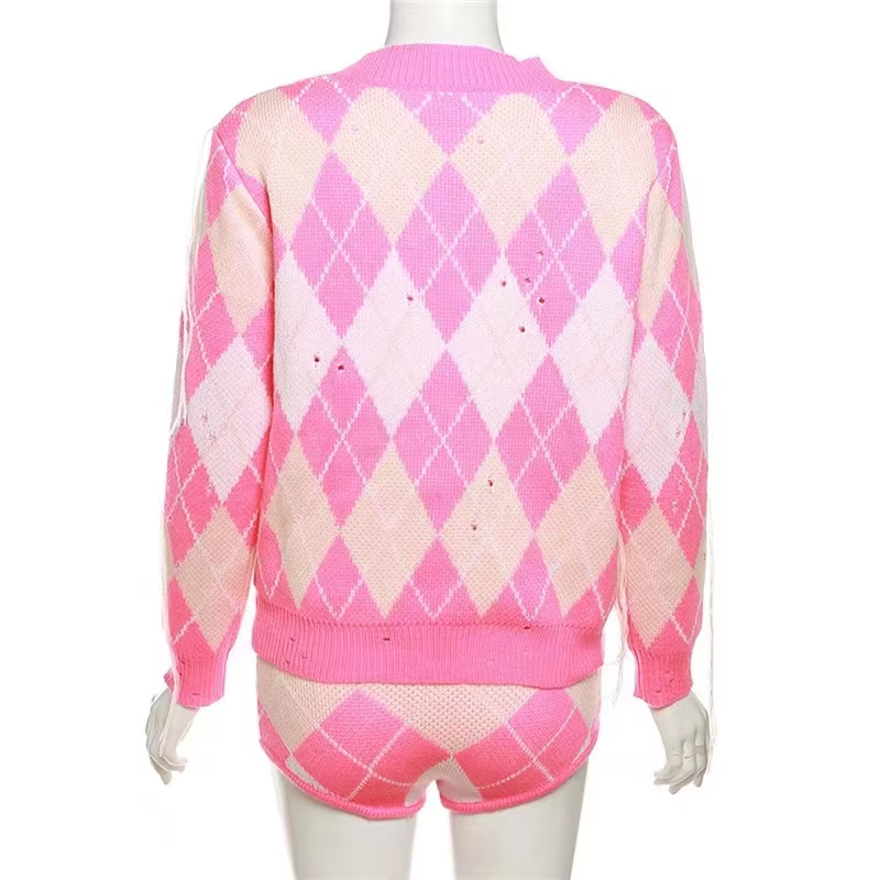 Patchwork Warm Button Sweater Miss Lovely Deep V Short Two PCS Set