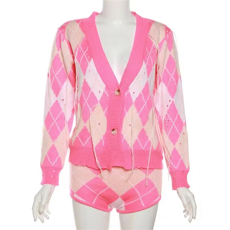 Patchwork Warm Button Sweater Miss Lovely Deep V Short Two PCS Set