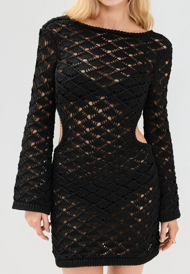 Elegant Open Back Long Sleeve Crochet Beach Coverup Dress with Boat Neck