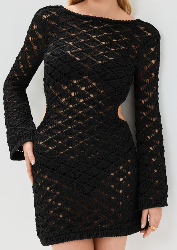 Elegant Open Back Long Sleeve Crochet Beach Coverup Dress with Boat Neck