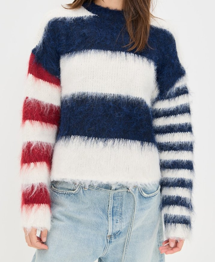 Women Brushed Fluffy Lovely Stripe Round Neck Long Sleeves Pullover Sweater