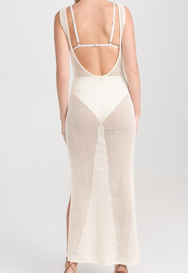 Lightweight Open Knit with Stretch Boat Neck Women&prime;s Sleeveless Crochet Dress, with Side Slit at Hem
