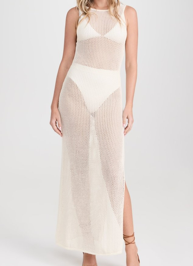 Lightweight Open Knit with Stretch Boat Neck Women′s Sleeveless Crochet Dress, with Side Slit at Hem
