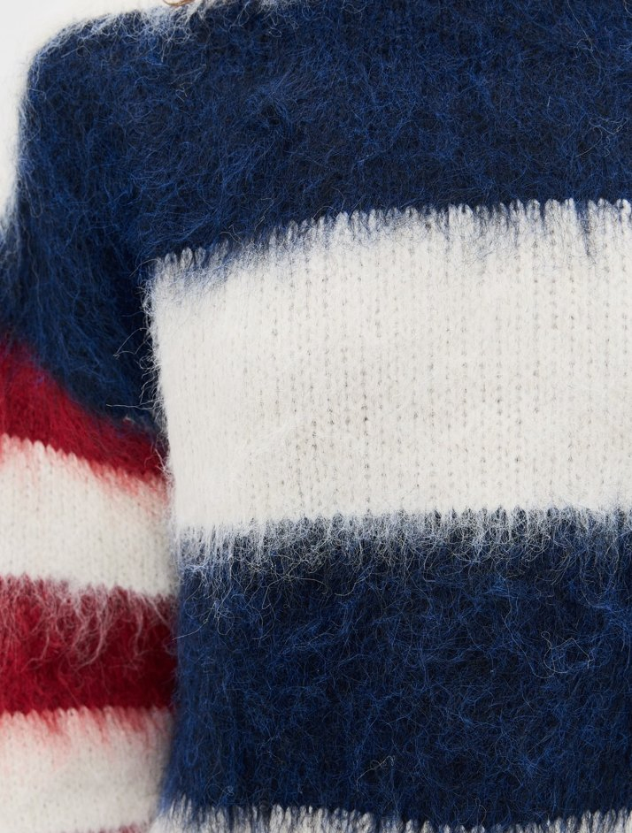 Women Brushed Fluffy Lovely Stripe Round Neck Long Sleeves Pullover Sweater
