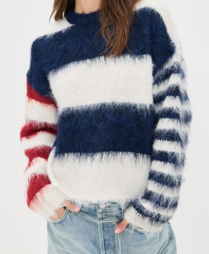 Women Brushed Fluffy Lovely Stripe Round Neck Long Sleeves Pullover Sweater