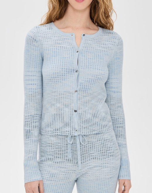 Lightweight Ribbed Knit High Stretch Women′s Long Sleeve Cardigan Sweater, with Button Placket and Crew Neck