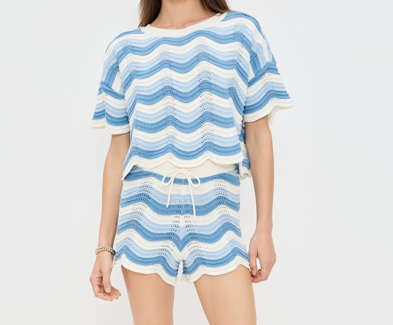 MID-Weight Super-Stretch Knit Wave Pattern Crew Neck Women&prime;s Short Sleeves Crochet Top