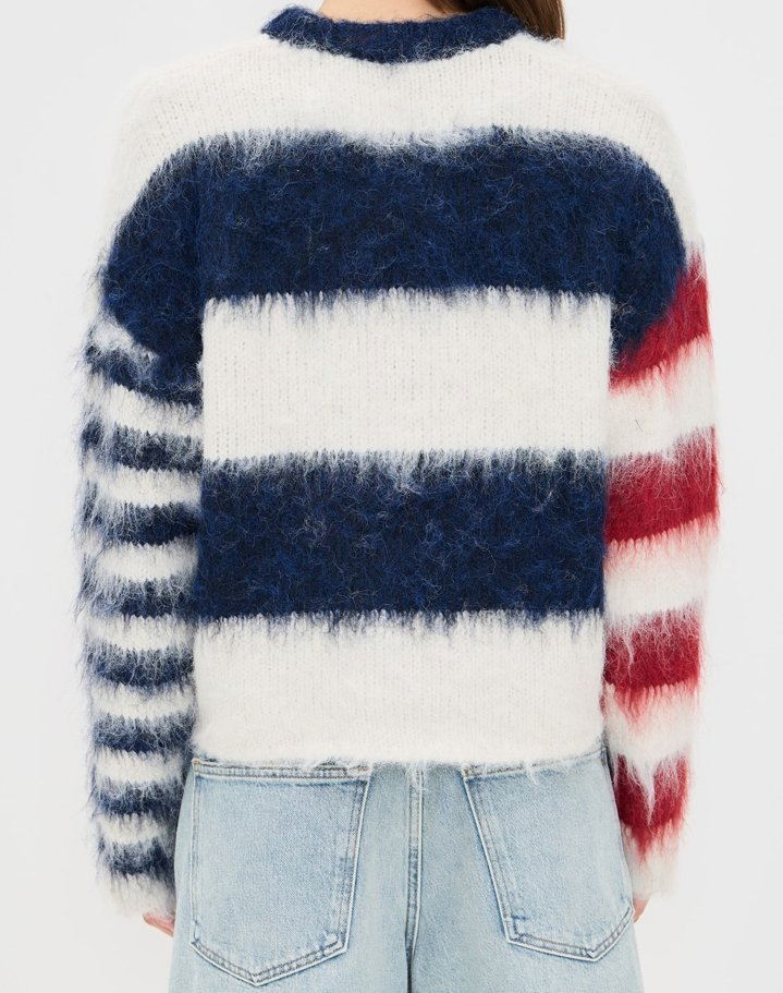 Women Brushed Fluffy Lovely Stripe Round Neck Long Sleeves Pullover Sweater
