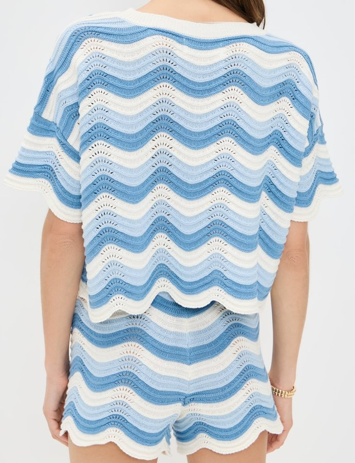 MID-Weight Super-Stretch Knit Wave Pattern Crew Neck Women&prime;s Short Sleeves Crochet Top