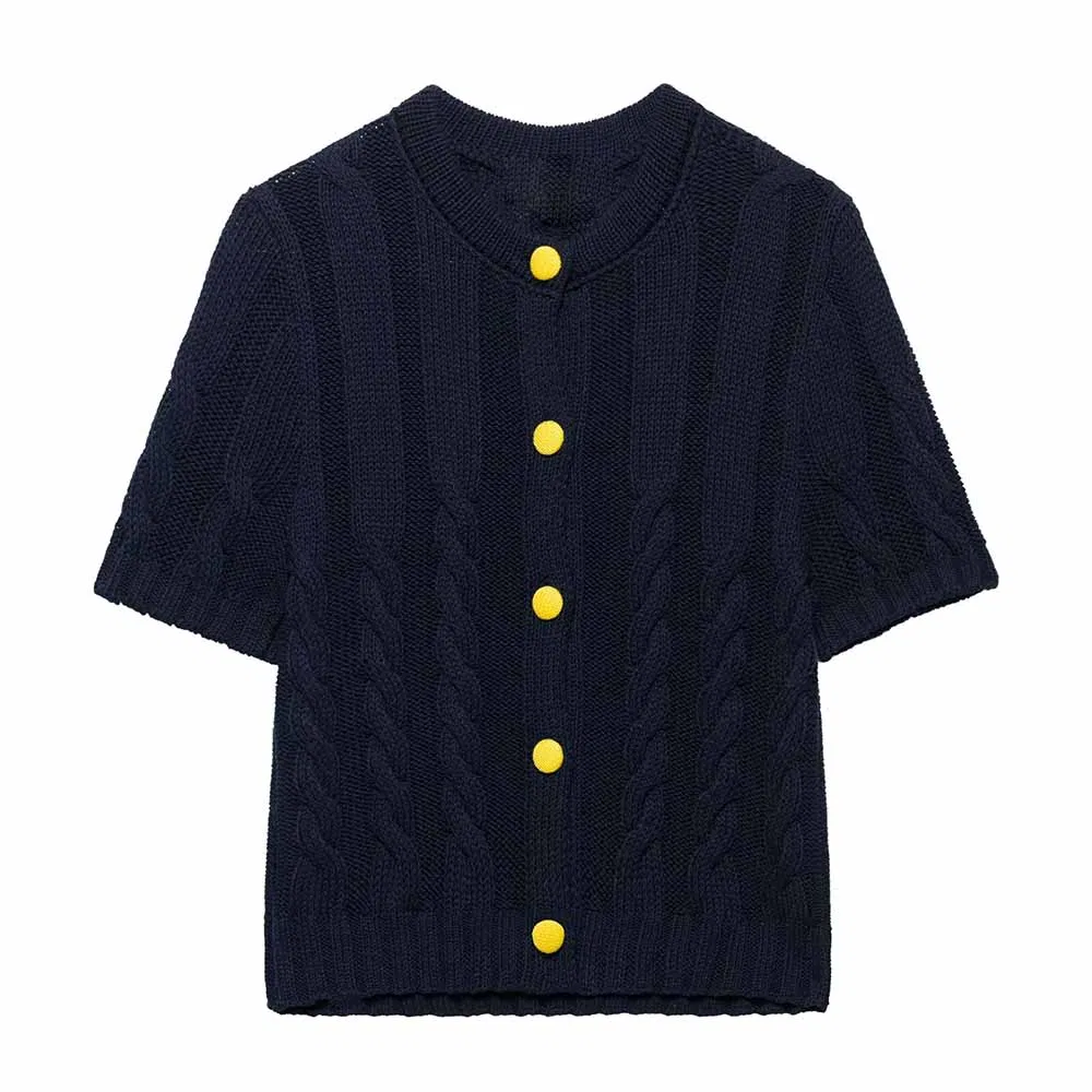 Za Women′s Clothing Slim Single Breasted Striped Knitted Women′s Jacket Short Sleeved