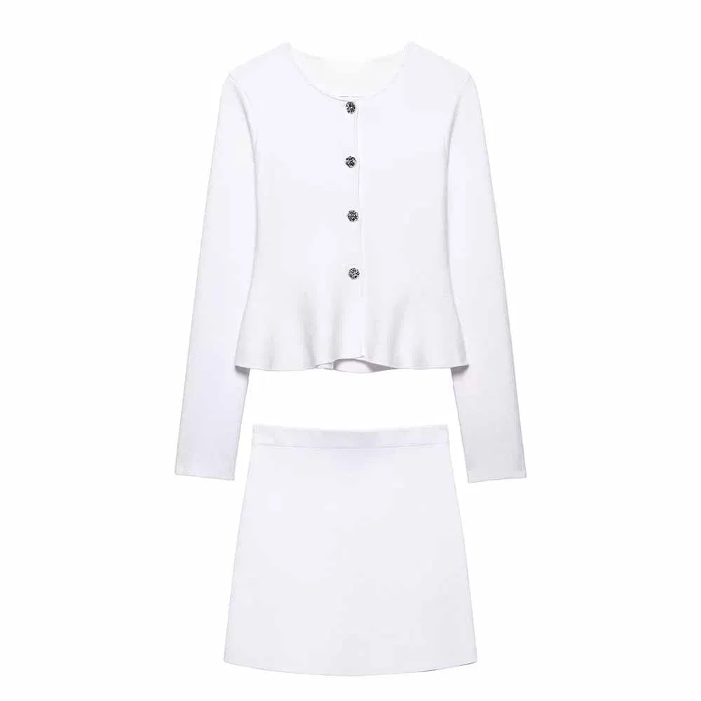 Za Women′s Clothing Short Skirt Style Hem Knit Women′s Jacket+Skirts Suit