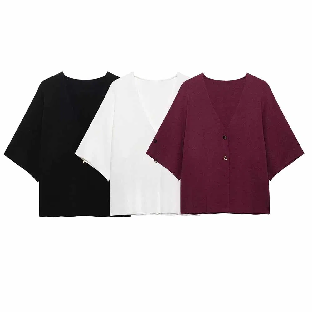 Za Women′s Clothing Casual Single Breasted V-Neck Knitted Top Short Sleeves