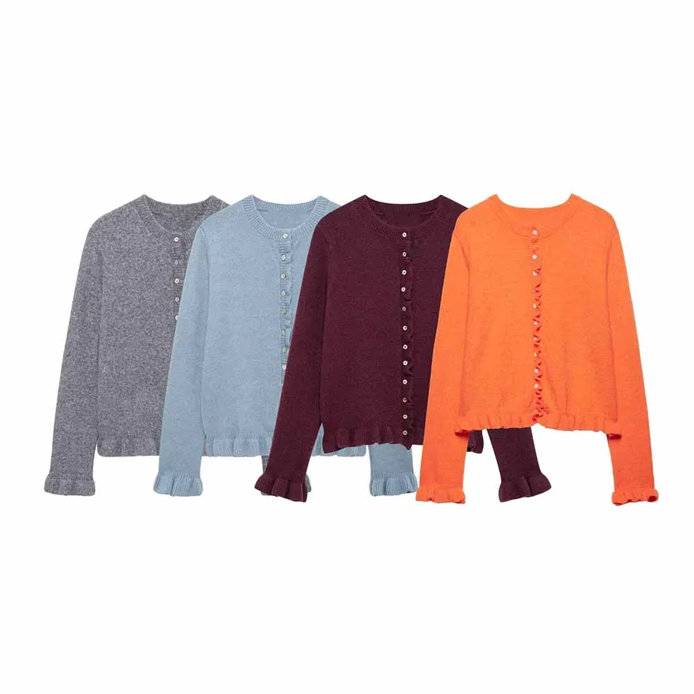 Za Women′s Clothing Stacked Design Casual Knitted Women′s Jacket Long Sleeved Buckle