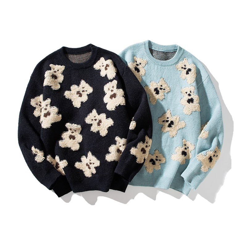 Winter Cotton Men Sweate Long Sleeve Knitted Logo Cartoon Pattern Bear Men Clothes Knitwear Custom Knit Sweater