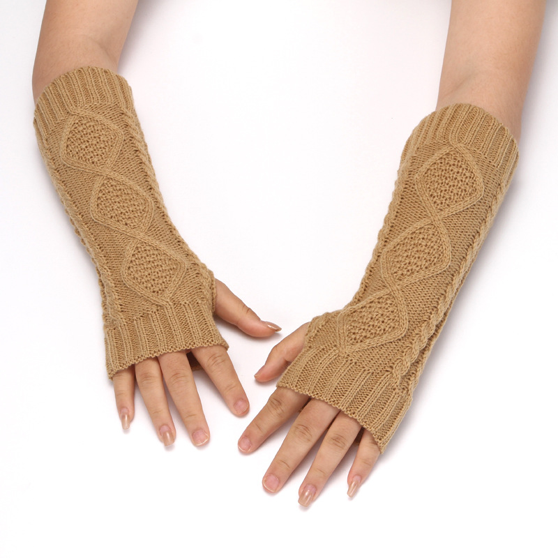 Knit Half Finger Gloves for Women Winter Warm Wool Fingerless Gloves Long Arm Warmers Diamond Pattern Half Finger Gloves
