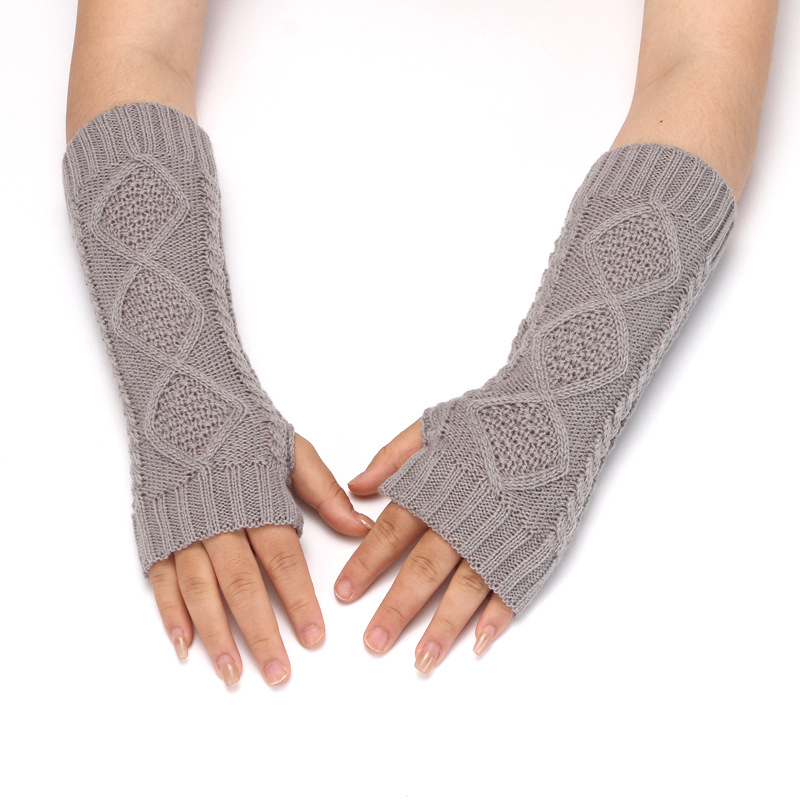 Knit Half Finger Gloves for Women Winter Warm Wool Fingerless Gloves Long Arm Warmers Diamond Pattern Half Finger Gloves