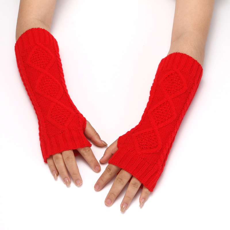Knit Half Finger Gloves for Women Winter Warm Wool Fingerless Gloves Long Arm Warmers Diamond Pattern Half Finger Gloves