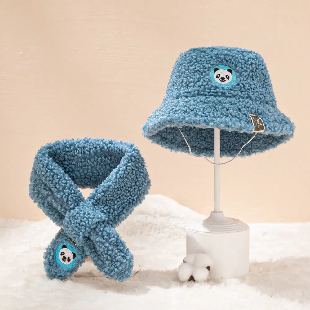 Fall Winter Warm Kids Girl Boy Bucket Hat Lovely Cartoon Bear Pattern Wide Brim Sherpa Fleece Baby Bucket Hat