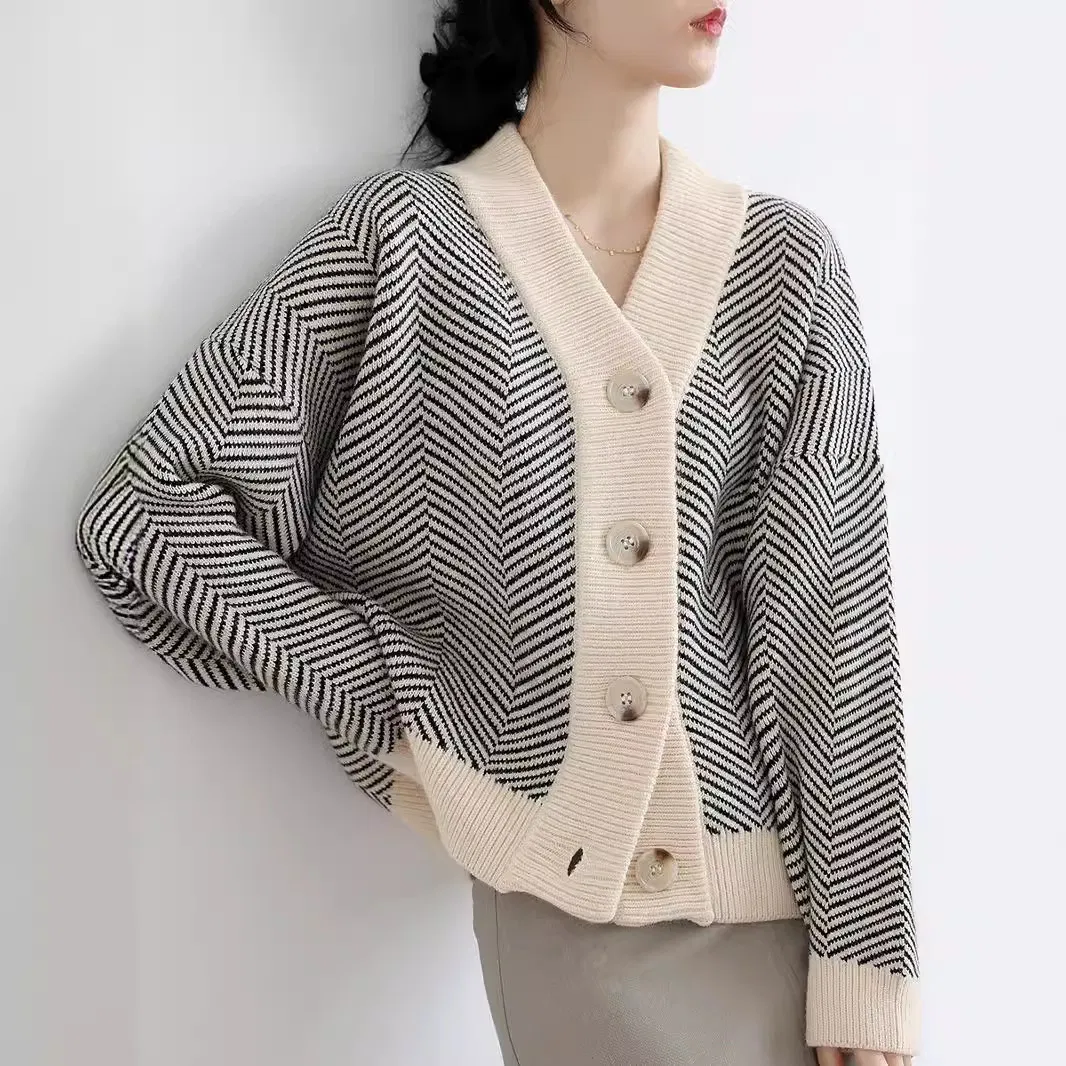 Autumn Vintage Knitted Cardigan for Women Striped Idle Style Thick Coarse Yarn All-Matching Outer Wear Sweater