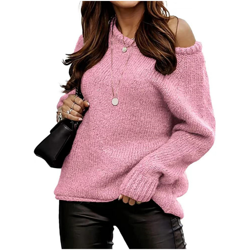 Autumn and Winter off Shoulder Sexy Round Neck Pullover Knit Solid Color Casual Loose Size Sweater for Women