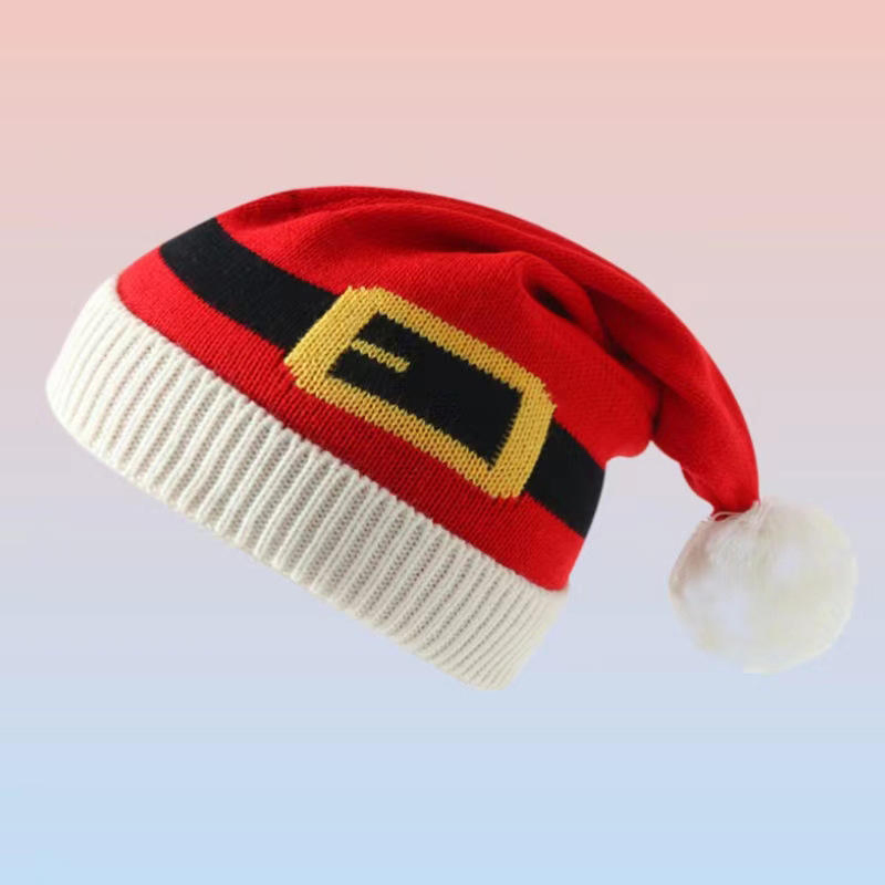 High Quality Knitted Hat with POM-POM Christmas Atmosphere Santa Claus Belt Beanie with Fur Ball for Parties and Festival