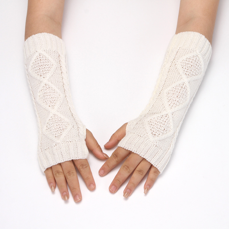 Knit Half Finger Gloves for Women Winter Warm Wool Fingerless Gloves Long Arm Warmers Diamond Pattern Half Finger Gloves