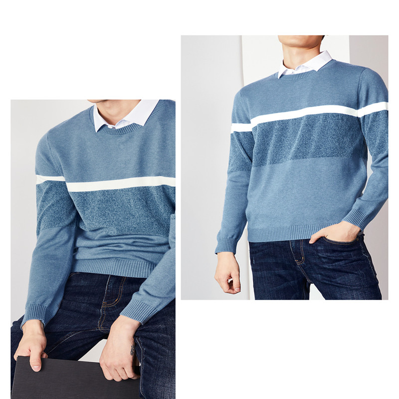 Men&prime;s High - Quality Long - Sleeved Knitted Pullover for Autumn and Winter. It Features Color - Blocking, Double - Collar Design, and a Fake Two - Piece Style.