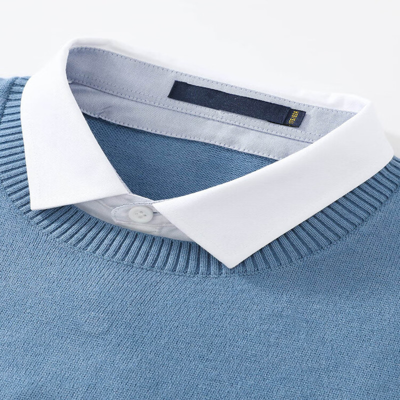 Men&prime;s High - Quality Long - Sleeved Knitted Pullover for Autumn and Winter. It Features Color - Blocking, Double - Collar Design, and a Fake Two - Piece Style.