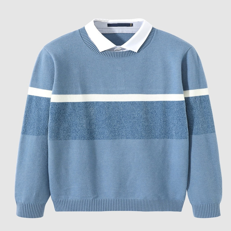Men&prime;s High - Quality Long - Sleeved Knitted Pullover for Autumn and Winter. It Features Color - Blocking, Double - Collar Design, and a Fake Two - Piece Style.