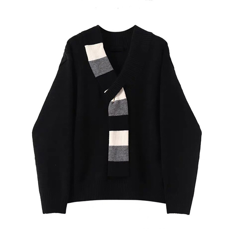 Korean Lazy Style V-Neck Knitwear Autumn Winter Two-Piece Striped Pullover Knit Sweater