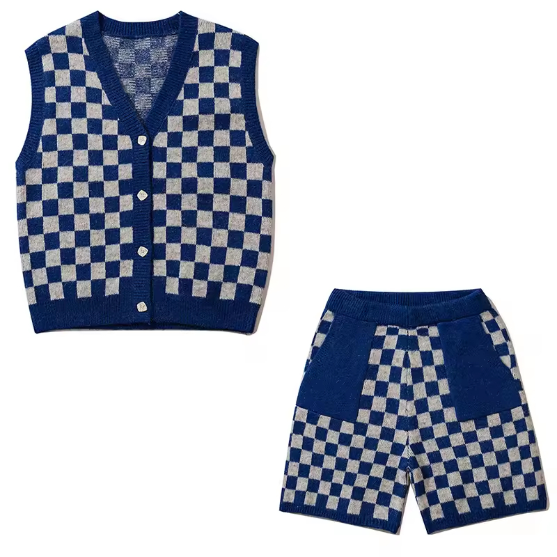 Custom Logo Unisex Checkered V-Neck Sleeveless Cardigan Tank Short Suit