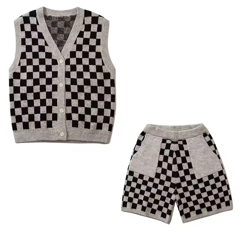 Custom Logo Unisex Checkered V-Neck Sleeveless Cardigan Tank Short Suit
