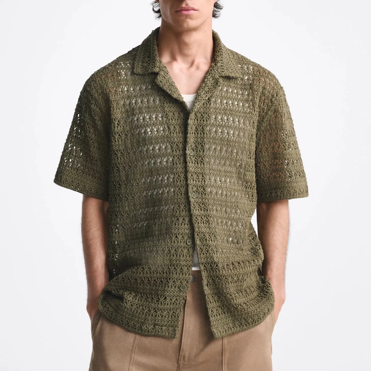 2023 Men Summer Short Sleeve Single Breasted Hollow out Crochet Knitted Shirt Sweater Cardigan