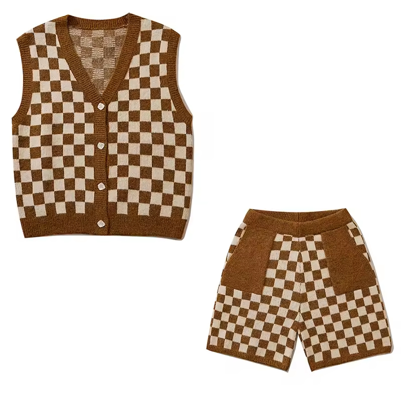 Custom Logo Unisex Checkered V-Neck Sleeveless Cardigan Tank Short Suit
