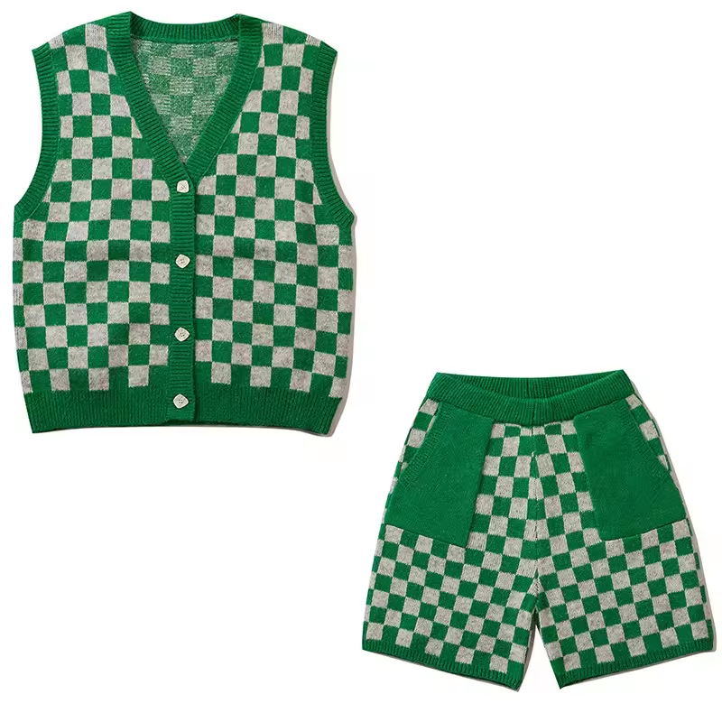 Custom Logo Unisex Checkered V-Neck Sleeveless Cardigan Tank Short Suit