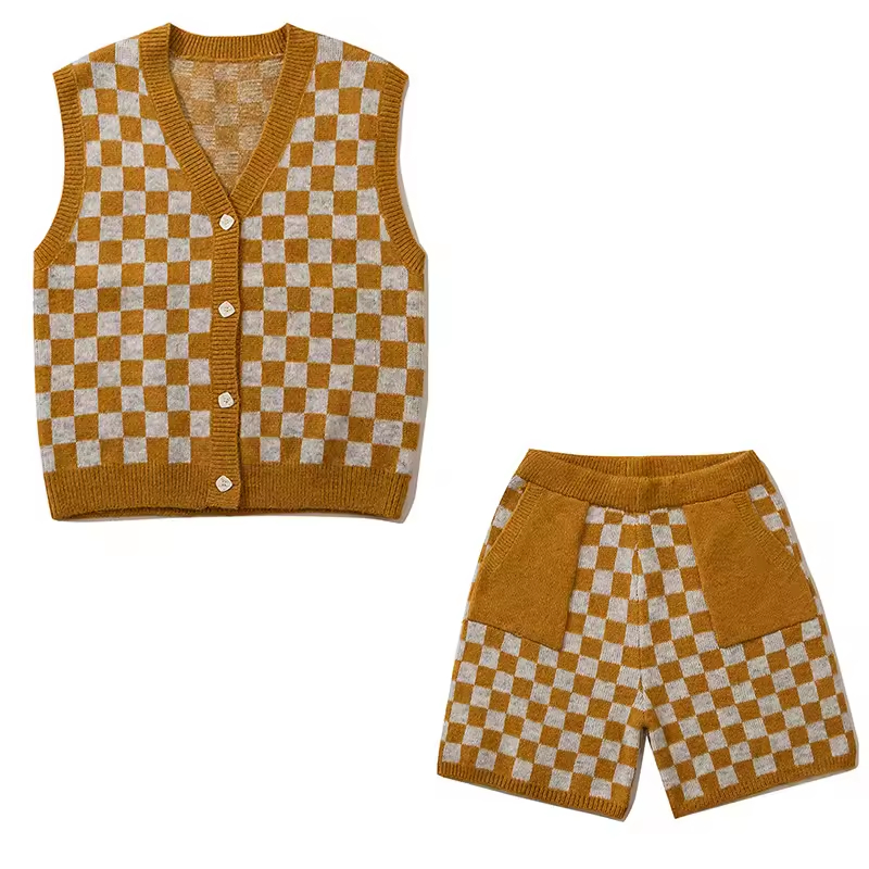 Custom Logo Unisex Checkered V-Neck Sleeveless Cardigan Tank Short Suit