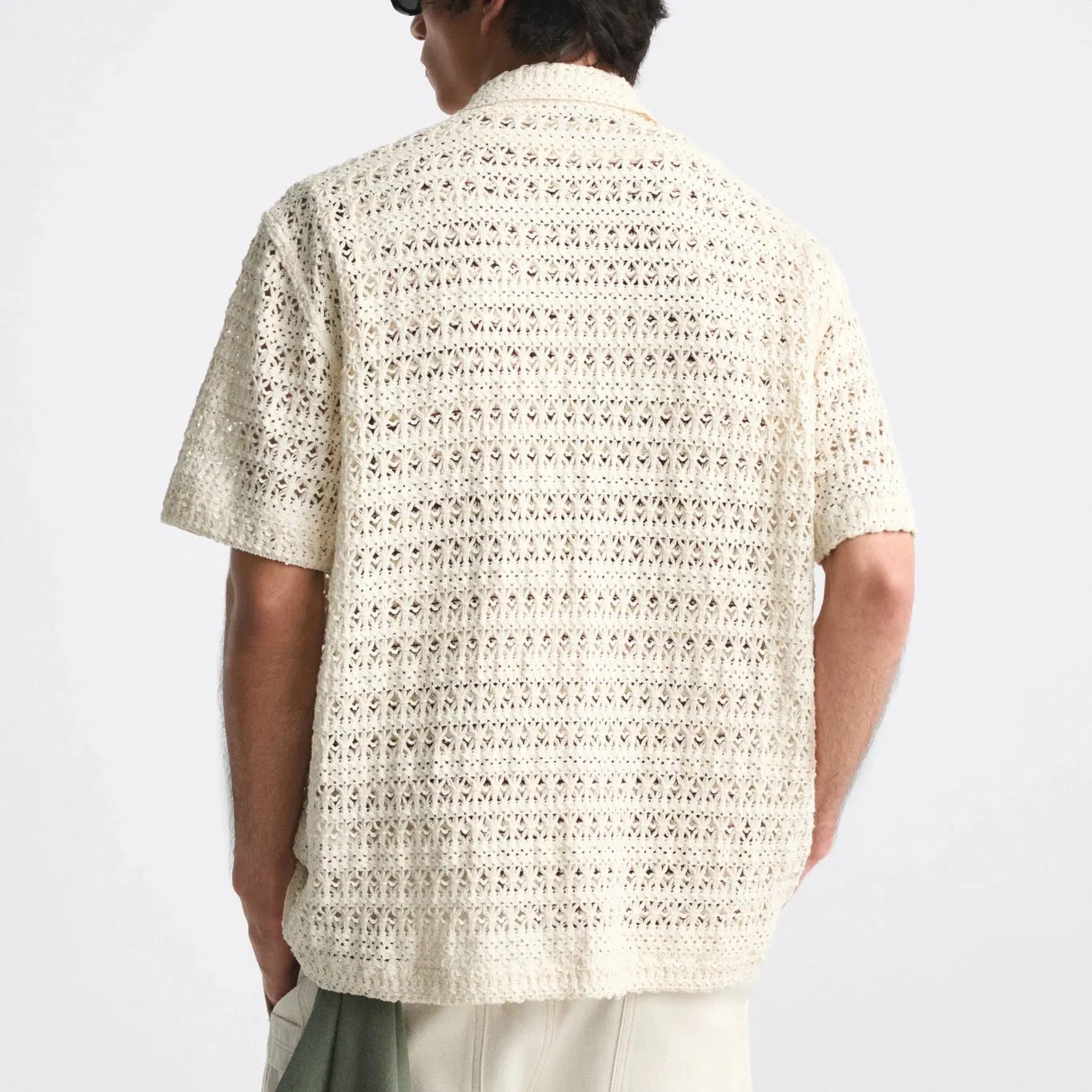 2023 Men Summer Short Sleeve Single Breasted Hollow out Crochet Knitted Shirt Sweater Cardigan