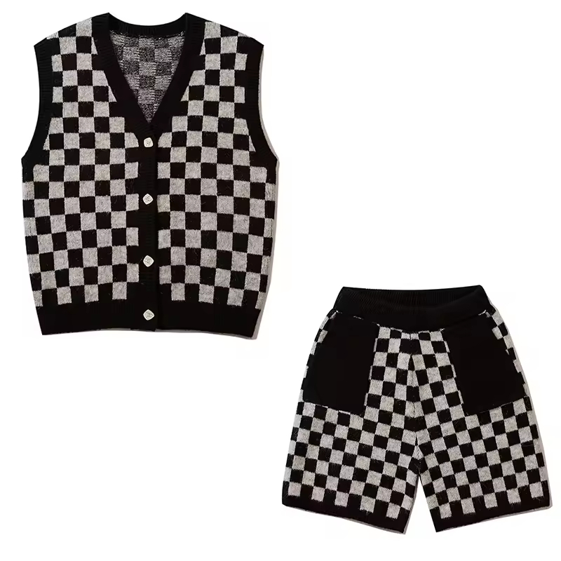Custom Logo Unisex Checkered V-Neck Sleeveless Cardigan Tank Short Suit