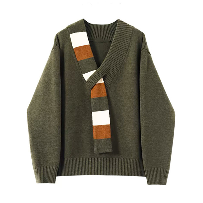 Korean Lazy Style V-Neck Knitwear Autumn Winter Two-Piece Striped Pullover Knit Sweater
