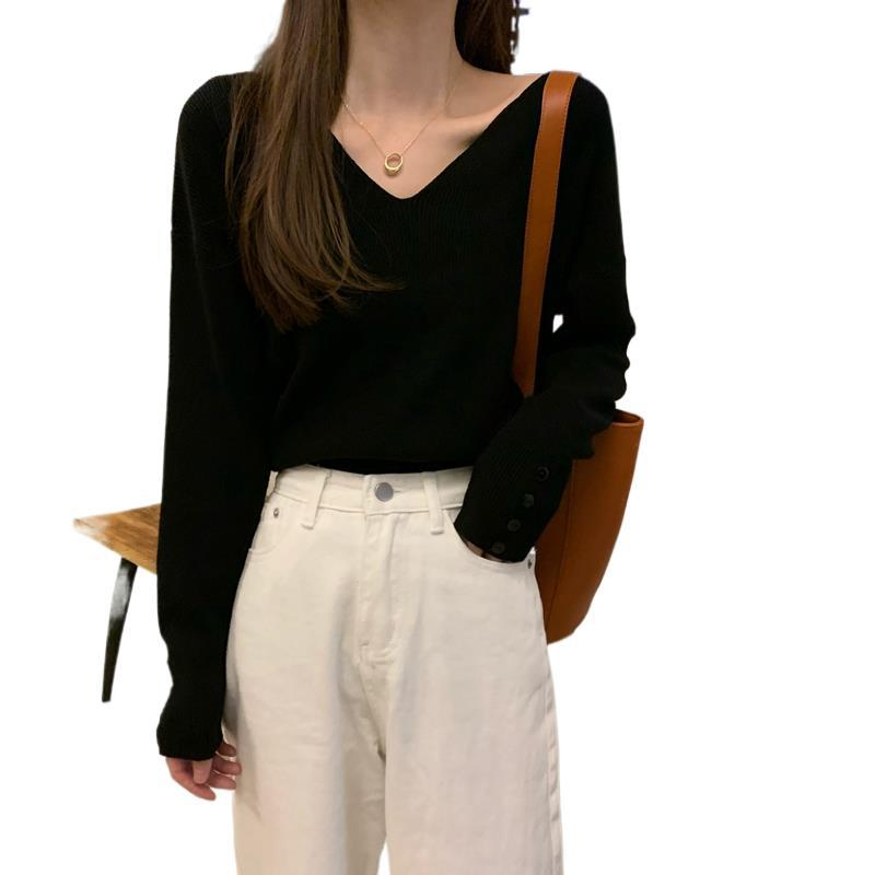 Custom Solid Color Sweater Women Long Sleeve V-Neck Knit Ladies Pullover Knitwear