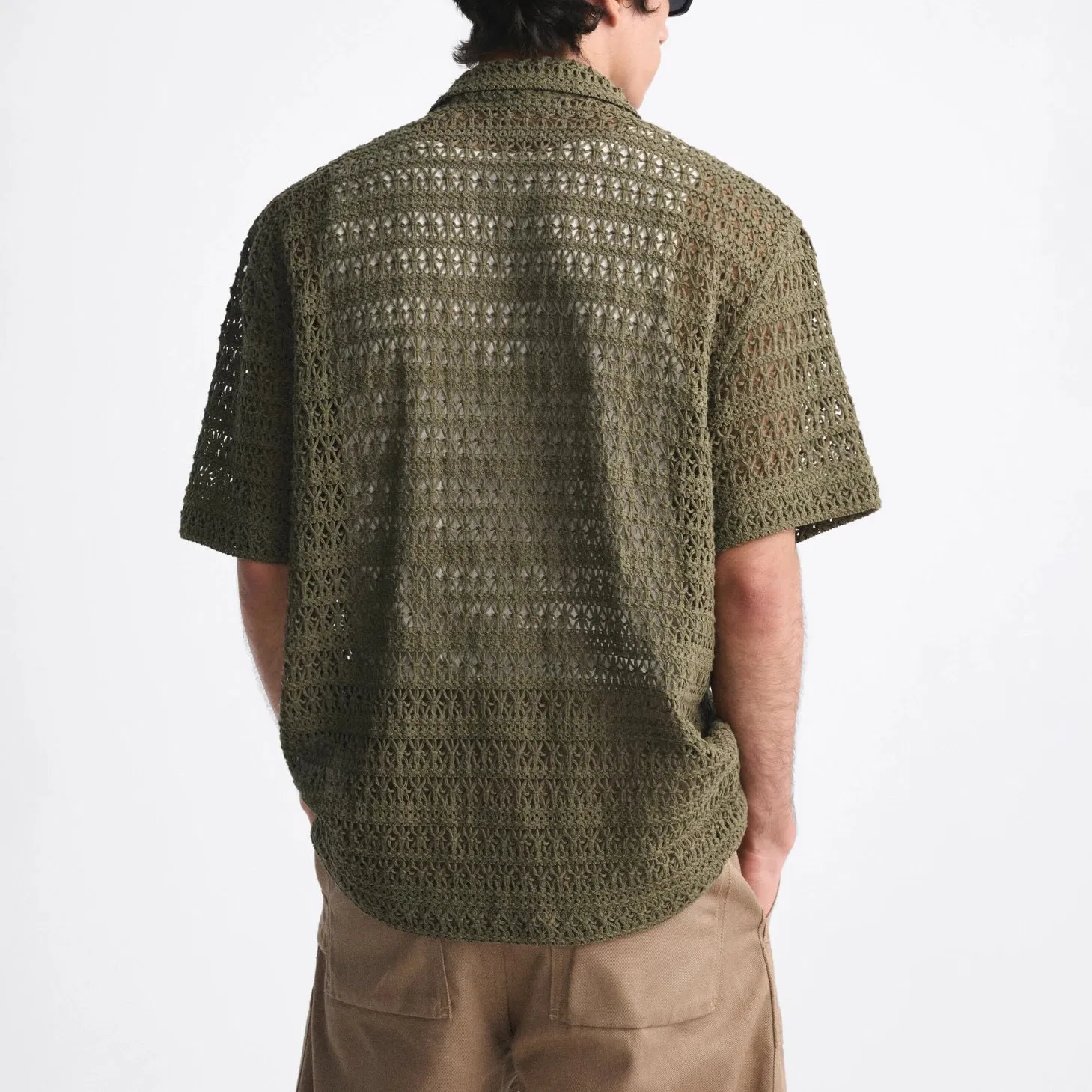 2023 Men Summer Short Sleeve Single Breasted Hollow out Crochet Knitted Shirt Sweater Cardigan